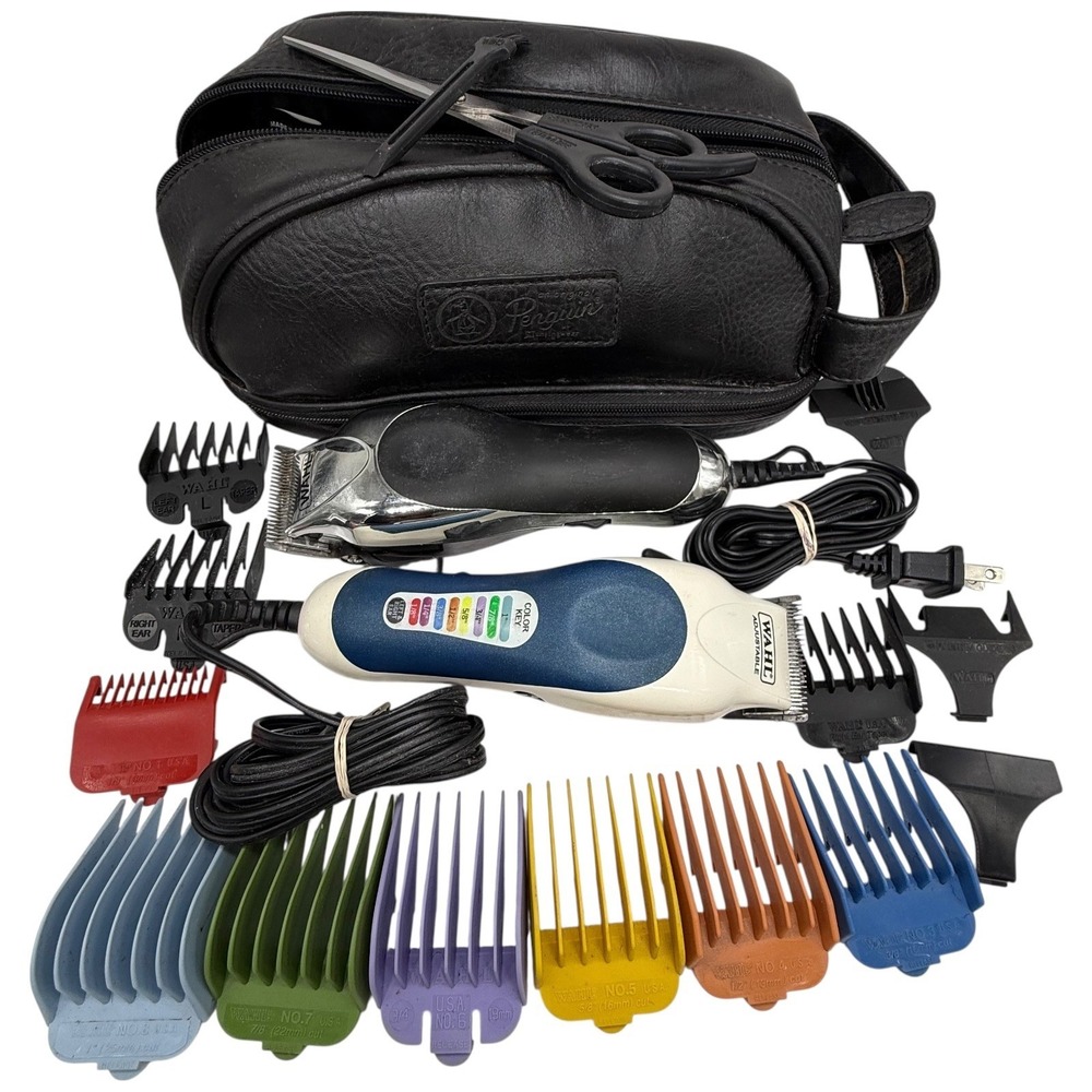 Wahl Adjustable‎ Hair Clippers Lot of 2 Motors Guides Combs, Scissors Bag
